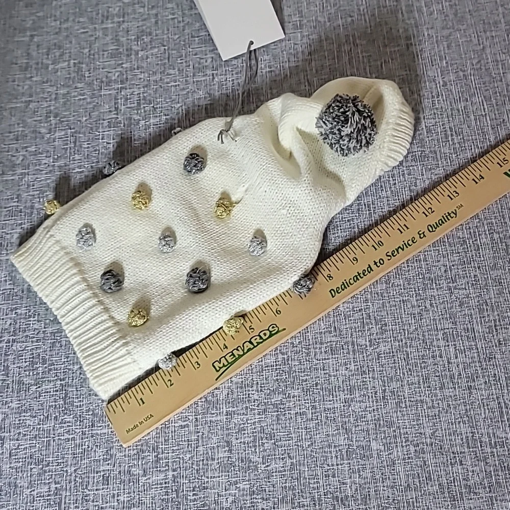Martha Stewart Cream Dog Sweater Gold Silver Pom Pom Size XS NWT